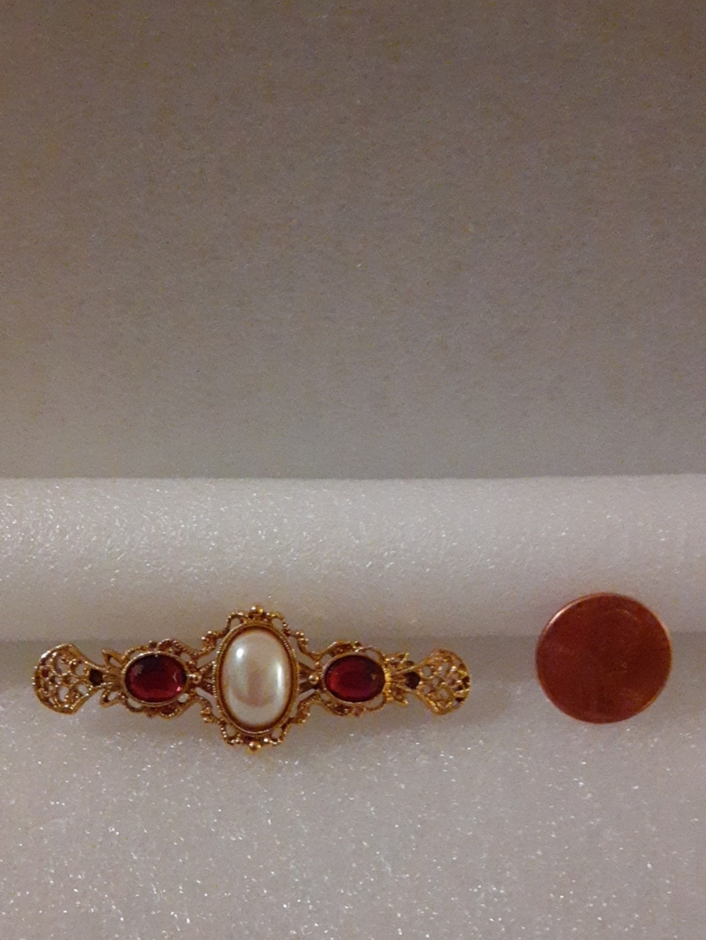 Gold-Tone Bar Brooch with Pearl and Red Stones